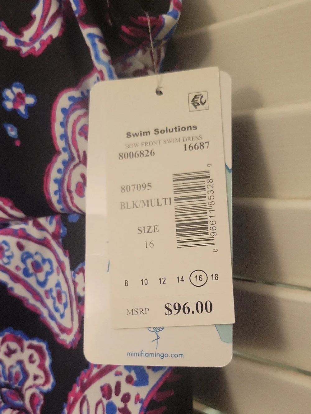 New With Tags Swim Solutions Black Swim Dress with Purple & Pink Paisley - Picture 2 of 6